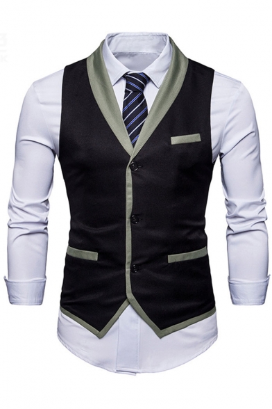 

Men' Fashion V-Neck Color Block Single Breasted Belted Back Slim-Fit Vest, Black;gray, LC461281