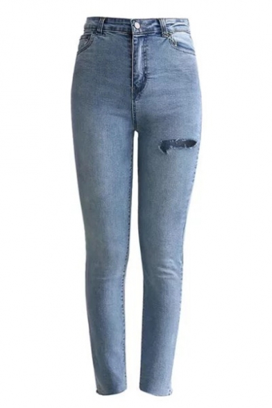 New Trendy Plain Ripped Detail Zip Fly Skinny Jeans