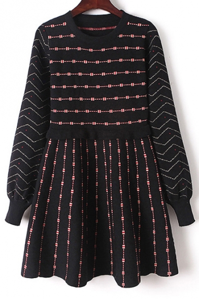 New Trendy Striped Print Round Neck Long Sleeve Knitted Dress