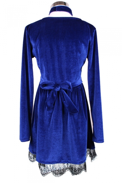 Party Style Choker Keyhole Neck Plain Lace Trimmed Long Sleeves Mini A-line Dress