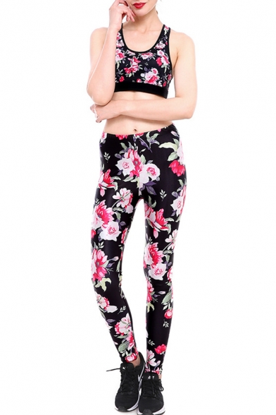 Peasant Style Floral Pattern Scoop Neck Cropped Tank with High Waist Workout Pants