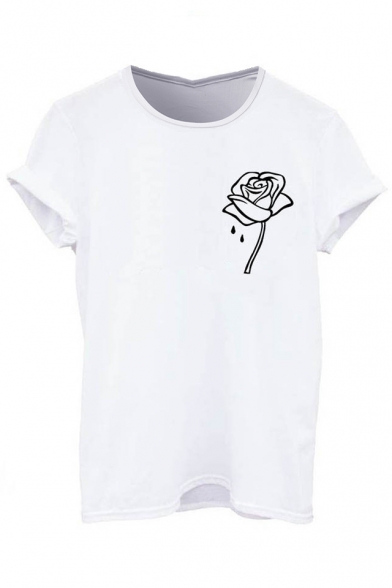 Simple Floral Rose Printed Round Neck Short Sleeves Summer T-shirt