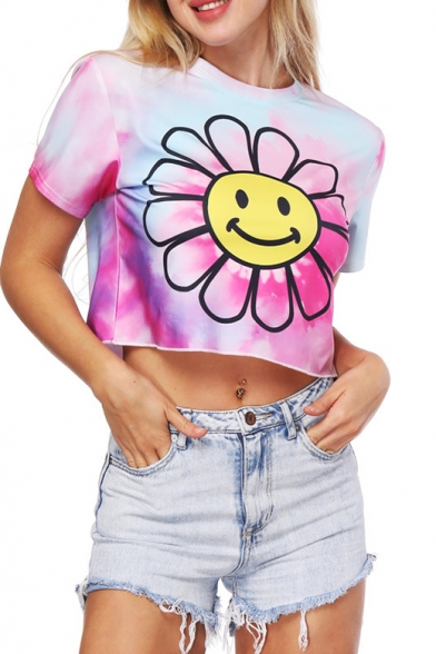 

Smile Face Floral Color Block Print Round Neck Short Sleeve Cropped Tee, LC463416