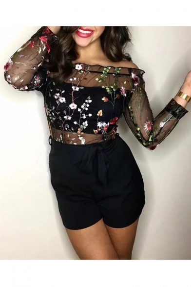 Stylish Floral Embroidered Off the Shoulder Long Sleeves Bow Belted Slim-Fit Romper