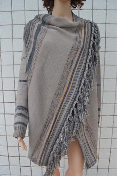 Stylish Striped Pattern Cowl Neck High Low Hem Wrapped Cardigan with Tassels