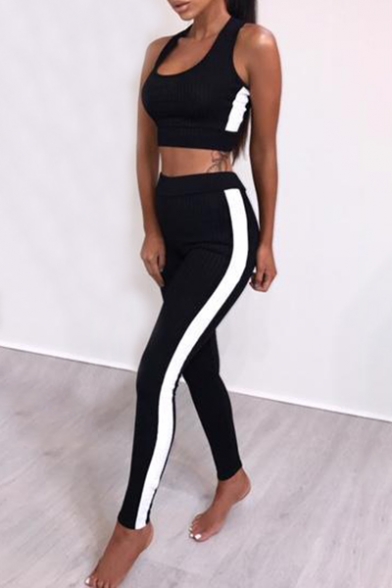 Trendy Striped Side Slim-Fit Cropped Tank Top with Elastic Waist Workout Pants