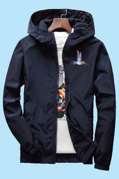 Unisex Hummingbird Embroidered Elastic Cuff Hooded Zippered Jacket with Pockets