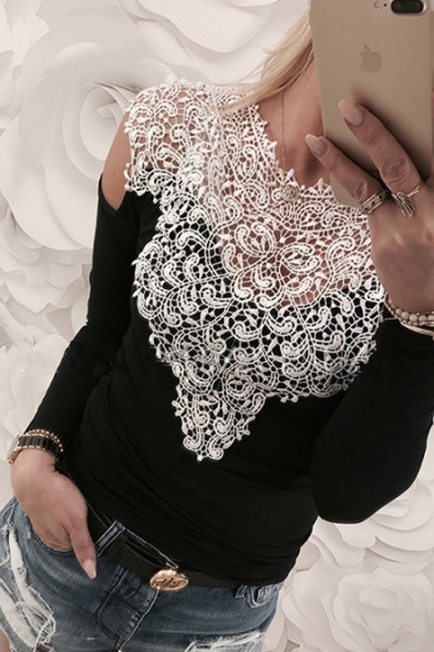 Autumn Fashion Lace Panel Patchwork Crew Neck Long Sleeves Autumn Slim-Fit Tee Top