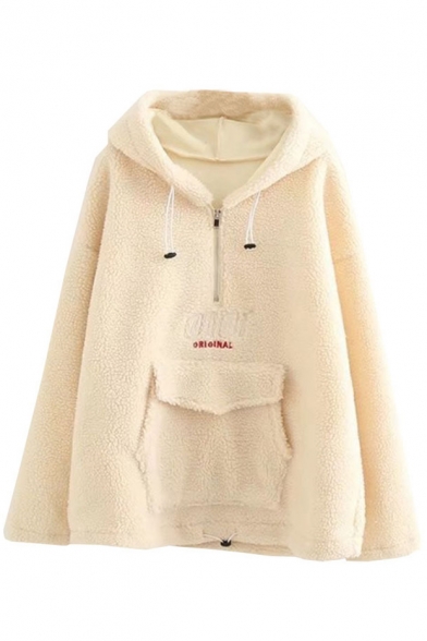 Chic Letter Embroidered Dropped Shoulder Long Sleeve Zipper Pocket Hoodie