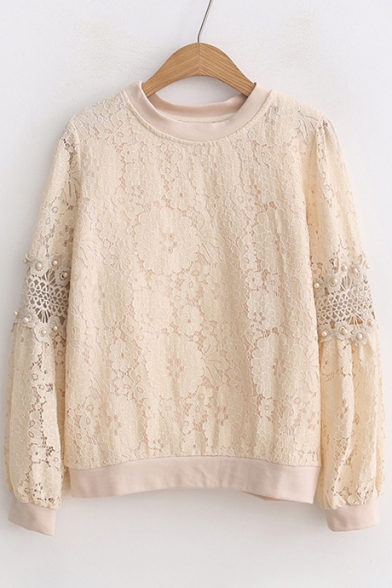 Chic Plain Hollow Beaded Long Sleeve Round Neck Lace Blouse