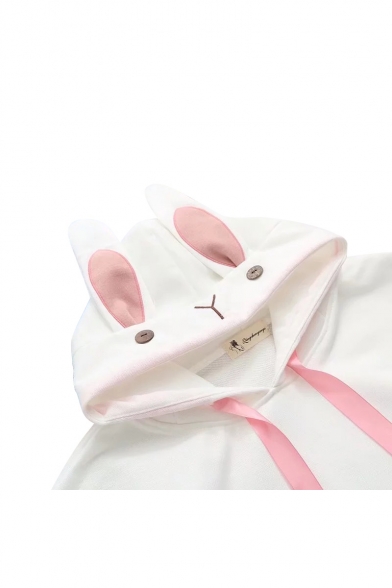 Cute Embroidered Detail Long Sleeve Rabbit Ears Embellished Hoodie