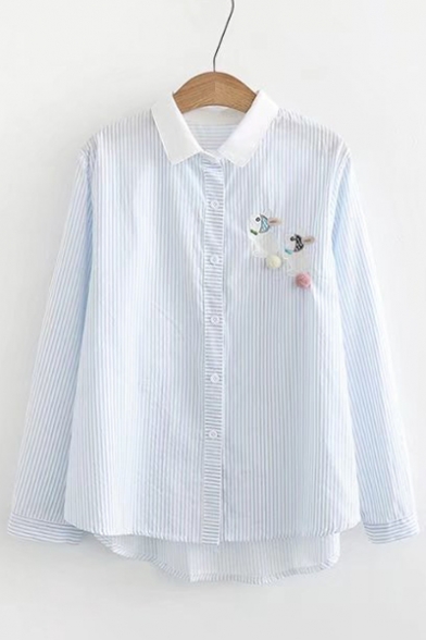 Cute Rabbit Embroidered Striped Pattern Contrast Lapel Long Sleeve Shirt with Pom-Pom