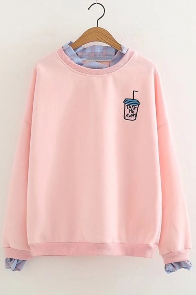 Fake Two-Piece Long Sleeve Drink Embroidered Pullover Sweatshirt