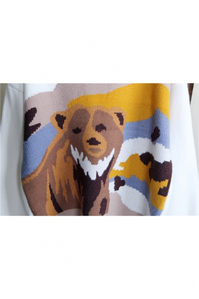 Fashionable Cartoon Bear Print Round Neck Long Sleeve Pullover Sweater