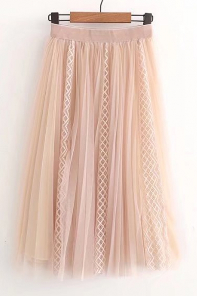 Hot Fashion Plain Lace Panel Elastic Waist Skirt