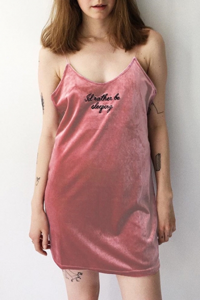 Leisure Spaghetti Straps Letter Embroidered Slim-Fit Cami Shift Velvet Mini Dress