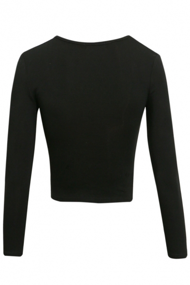 New Fashion Plain Square Neck Long Sleeve Button Cropped Tee