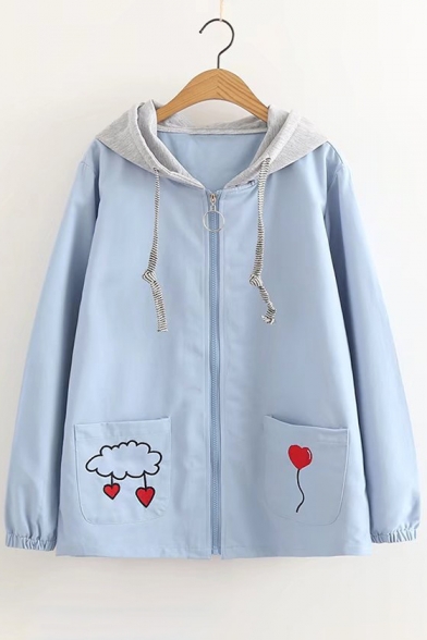 New Trendy Cloud Heart Embroidered Contrast Hood Zipper Coat