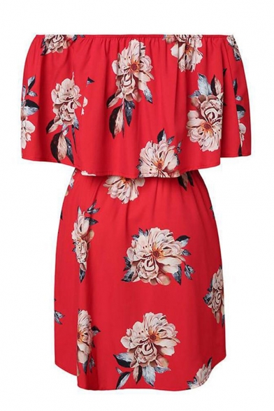 Sexy Off The Shoulder Floral Printed Drawstring Waist Short Sleeve Mini Dress