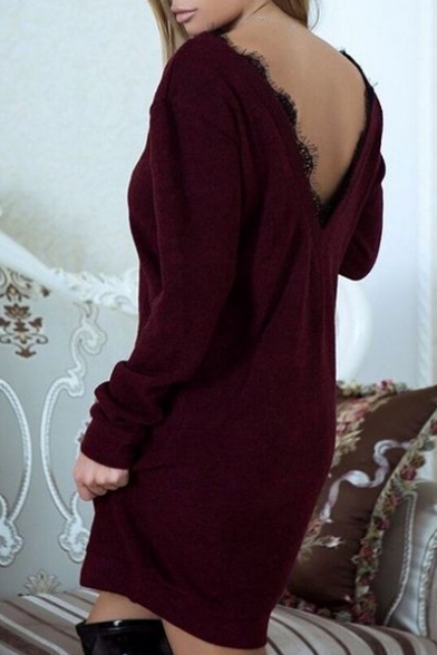 Sexy V-Back Lace Panel Round Neck Long Sleeves Loose Sweatshirt Dress