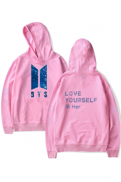 Simple Letter Printed Long Sleeves Pullover Hoodie with Pocket