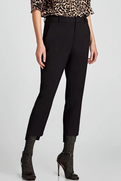 Simple Plain Zip Fly Asymmetric Hem Leisure Pants