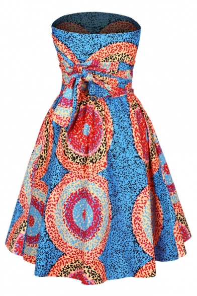 Stylish Tribal Color Block Pattern Two-Way Belted Fit & Flare Mini Dress