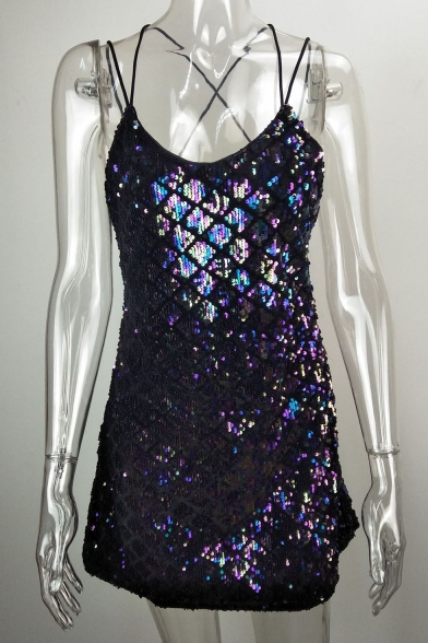Summer Collection Diamond Plaids Spaghetti Straps Cross Back Sequined Cami Mini Dress