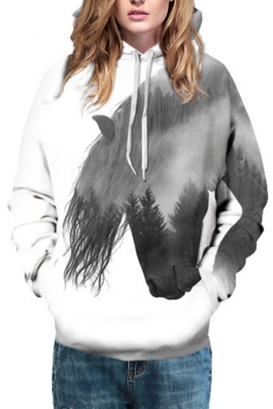 Trendy Horse Forest Landscape Pattern Long Sleeves Pullover Monochrome Hoodie with Pocket
