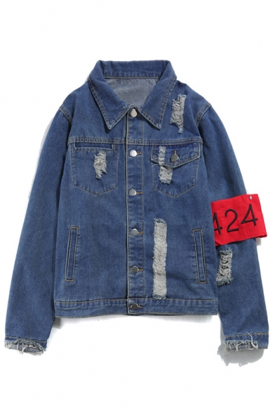 Basic Number Pattern Long Sleeve Ripped Detail Lapel Single Breasted Denim Jacket