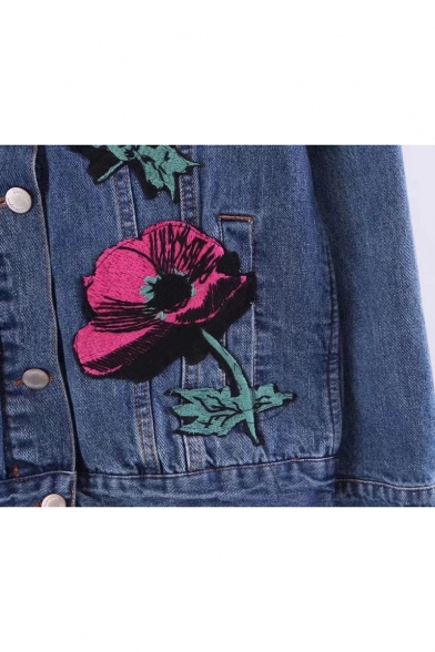 Butterfly Floral Embroidered Lapel Single Breasted Long Sleeve Denim Jacket