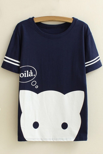 

Cartoon Cat Letter Printed Round Neck Short Sleeve Leisure Tee, White;navy, LC463524