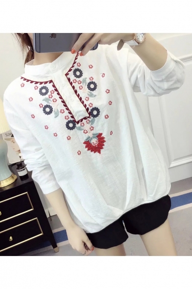 Casual Floral Embroidered High Neck Long Sleeves Linen Loose Peasant Blouse with Buttons