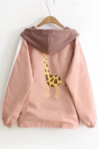 Chic Cartoon Giraffe Color Block Print Zipper Hooded Long Sleeve Coat