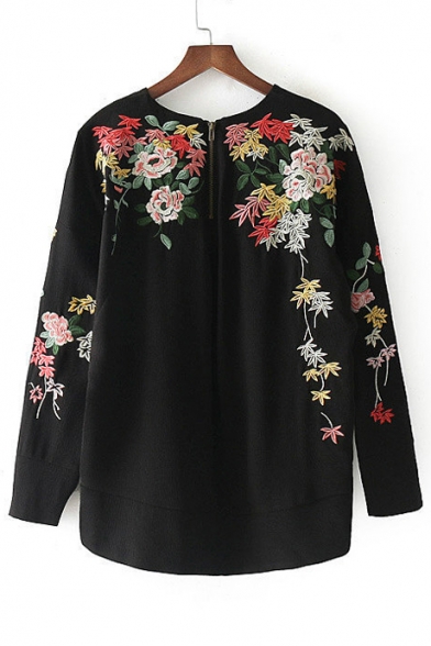 Chic Floral Embroidered Round Neck Long Sleeve Pullover Sweatshirt