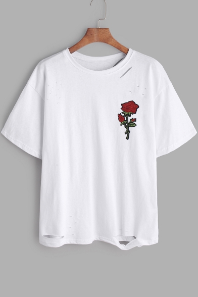 Chic Rose Pattern Hollow Out Short Sleeve Round Neck Tee