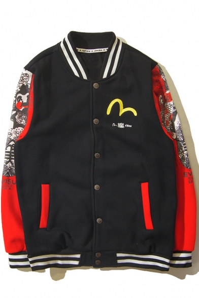 Fancy Color Block Buddha Letter Printed Button Down Pockets Long Sleeves Baseball Jacket