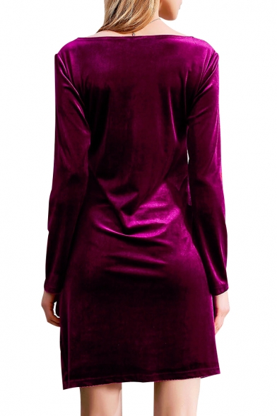 Fancy Plain V-Neck Long Sleeves Mini Wrap Velvet Dress
