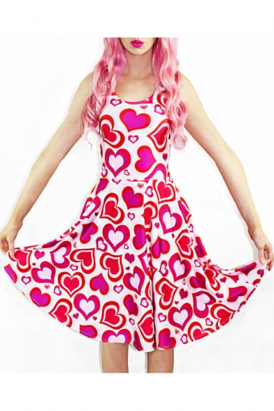 Girlish Allover Sweetheart Pattern Scoop Neck Mini Tank A-line Dress