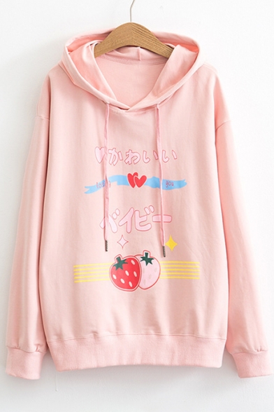 Girly Japanese Character Strawberry Pattern Long Sleeves Pullover Hoodie