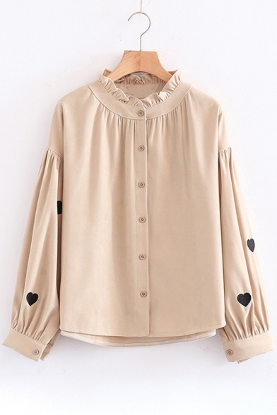 Heart Embroidered Ruffle Stand-Up Collar Long Sleeve Shirt