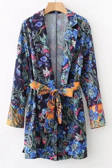 Floral Printed Notched Lapel Bow Belted Loose Tunic Shirt