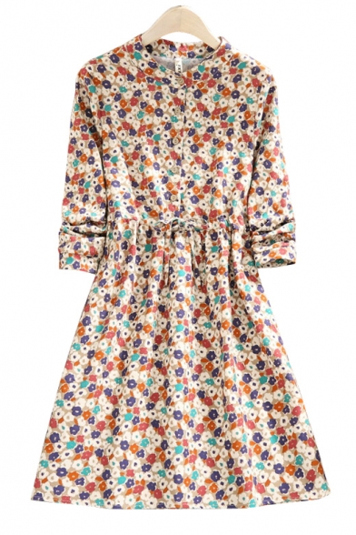 Lovely Floral Printed Round Neck Button Front Drawstring Waist Midi Dress