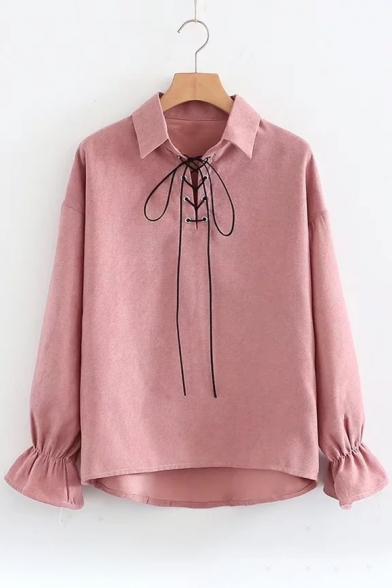 Natural Lapel Lace-up Bow Front Bell Sleeves Loose Pullover Women's Blouse