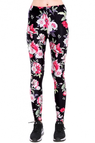 Peasant Style Floral Pattern Scoop Neck Cropped Tank with High Waist Workout Pants