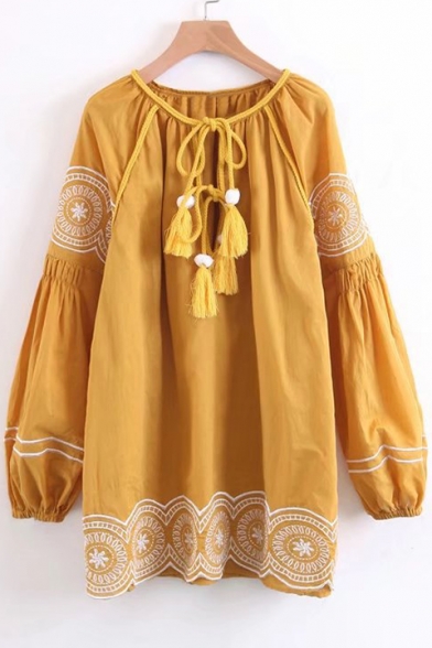 Retro Embroidered Pattern Tie Front Long Sleeve Round Neck Dress with Tassel