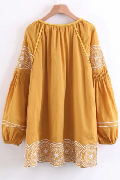Retro Embroidered Pattern Tie Front Long Sleeve Round Neck Dress with Tassel