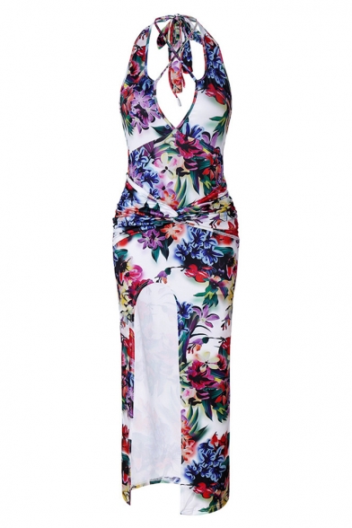 Secy Open Back Split Side Floral Print Halter Neck Maxi Slip Dress