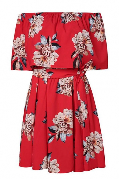 Sexy Off The Shoulder Floral Printed Drawstring Waist Short Sleeve Mini Dress