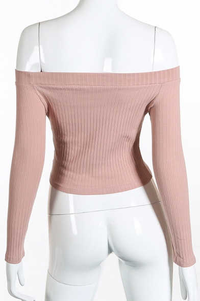 Simple Plain Off the Shoulder Long Sleeves Spring Ribbed Cropped Tee